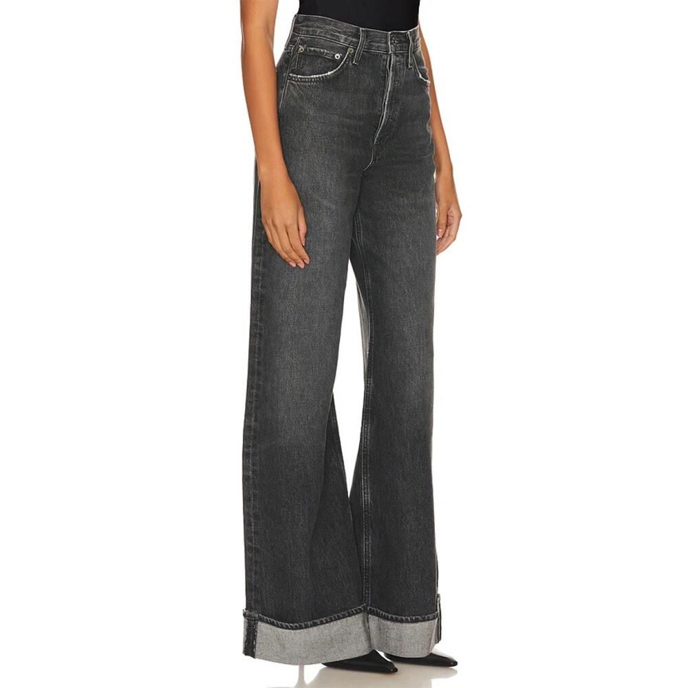 AGOLDE Dame Jean High Rise Wide Leg Size 32 Ditch Black Cuffed Jeans - Picture 7 of 12